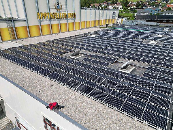 Flat roof with no competition for space between photovoltaic equipment and fall protection.
